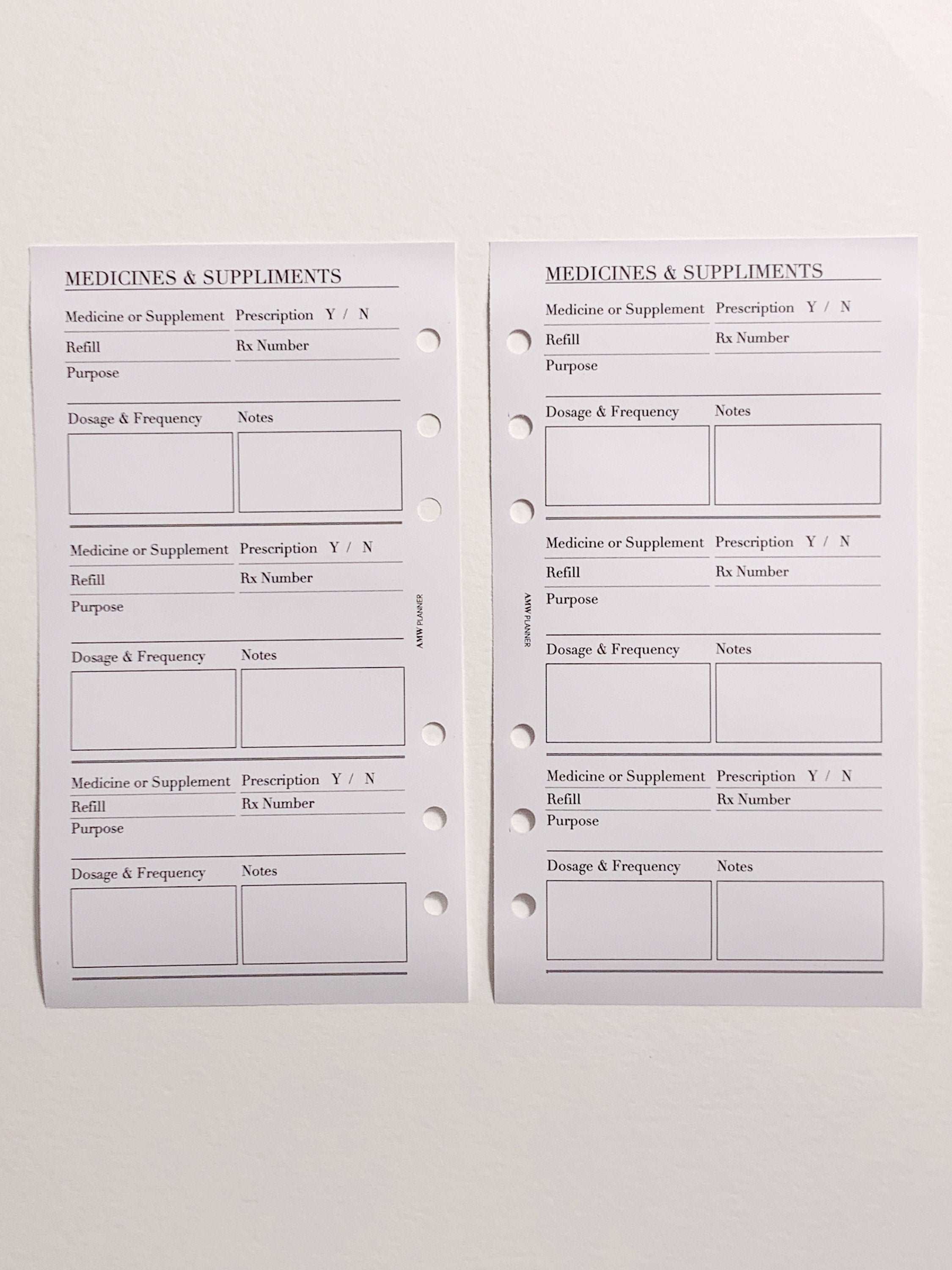 Medicines & Supplements Planner Inserts