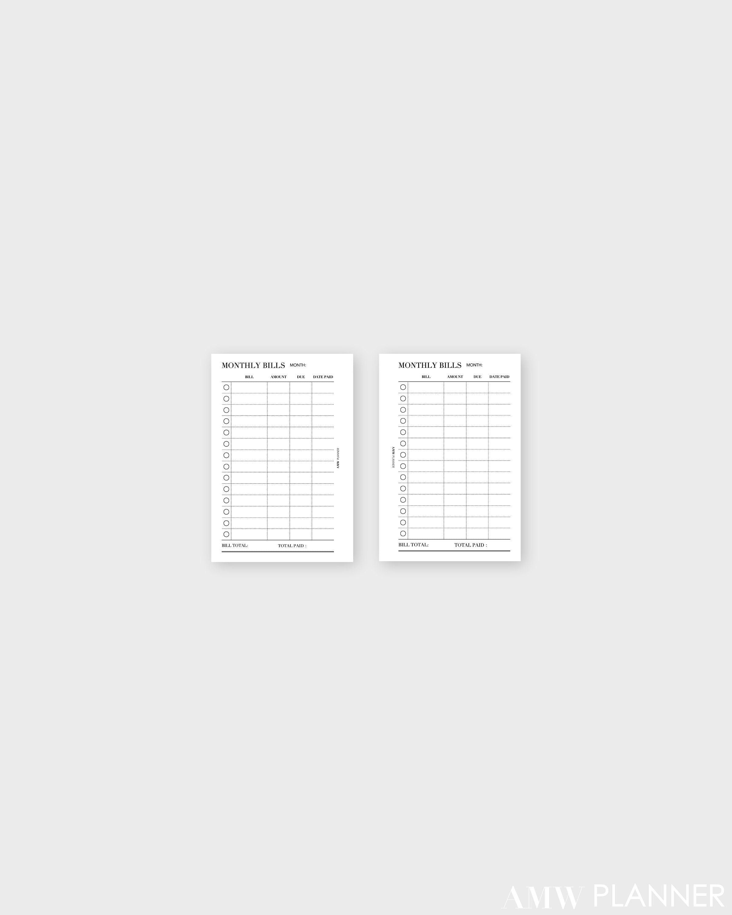 Monthly Bill Tracker Inserts